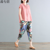 莆兮思puxisi棉质两件套2019夏装新款韩版宽松大码遮肉棉质套装女两件套文艺范