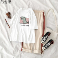 莆兮思puxisi红套装女学生夏季新款韩版宽松印花短袖T恤+休闲九分裤子两件套