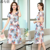 莆兮思puxisi2019新款中老年女装夏装连衣裙妈妈装短袖大码中长款棉绸印花裙子