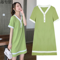 莆兮思puxisi加大码女装牛油果绿连衣裙女2019新款显瘦小清新抹茶v领智熏裙子