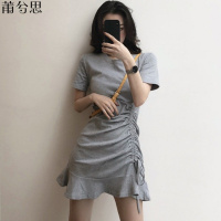 莆兮思puxisi夏季ins女装复古港风荷叶边短裙系带抽绳修身纯色性感短袖连衣裙