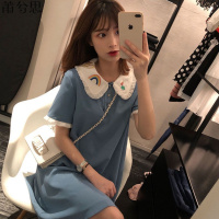 莆兮思puxisi新款定制刺绣娃娃领雪纺连衣裙蓝色宽松小清新学生polo裙2019夏