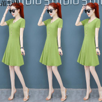 莆兮思puxisi牛油果绿V领连衣裙2019夏季新款小清新休闲短袖T恤少女A字裙子夏