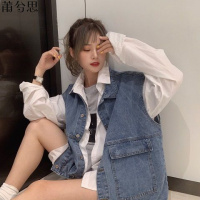 莆兮思puxisi复古牛仔马甲女韩版春季新款bf原宿风宽松学生工装无袖牛仔外套女