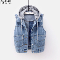 莆兮思puxisi牛仔马甲女短款2019春夏新款百搭连帽大口袋夹克开衫学生无袖上衣