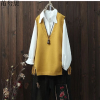 莆兮思puxisi春秋新款文艺V领纯色包芯纱针织马甲背心女宽松套头流苏坎肩上衣
