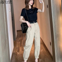 莆兮思puxisi[送腰带]2019夏季新款束脚哈伦裤时尚两件套韩版短袖套装女装潮