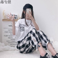 莆兮思puxisi单件/套装 两件套原宿女学生韩版宽松T恤+格子裤红社会套装女夏