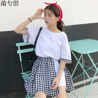 莆兮思puxisi时尚套装女夏装新款韩版格子中长款短袖T恤+高腰半身裙学生两件套