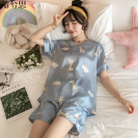 莆兮思puxisi睡衣女士春夏季仿真丝短袖两件套装可爱薄款冰丝绸韩版夏天家居服