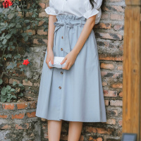 莆兮思puxisi半身裙女夏中长款a字裙学生韩版高腰单排扣文艺百搭休闲长裙子女