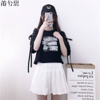 莆兮思puxisi夏季女装韩版宽松百搭露肩绑带短袖T恤衫女学生字母印花短款上衣
