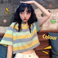 莆兮思puxisi夏季韩版宽松ins短款彩虹条纹短袖T恤女学生学院风bf半袖体恤上衣