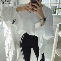 莆兮思puxisi2019秋季韩国东大上衣挂边带破洞袖口字母刺绣宽松套头卫衣女装