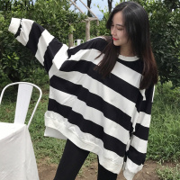 莆兮思puxisi2019春夏新款中长款宽松韩版条纹大码学生长袖卫衣女上衣打底衫潮