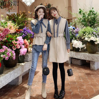 莆兮思puxisi网红闺蜜装套装女秋装2019新款蝴蝶结领口衬衣毛呢外套两件套套装