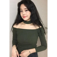 秋装新款百搭性感一字肩露肩长袖修身针织衫T恤上衣打底衫女装