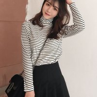 秋冬季新款韩版BF原宿风长袖T恤女装学生百搭高领条纹针织打底衫