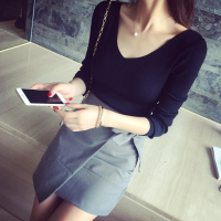 秋冬紧身毛衣女套头长袖性感前后V领修身显瘦低领薄款打底针织衫