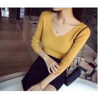 秋冬新款双V领长袖紧身打底衫上衣修身显瘦弹力针织衫套头毛衣女