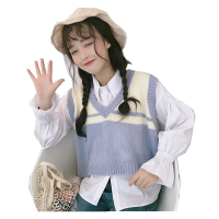 秋装韩版宽松ulzzang针织衫学生衬衫+短款毛衣无袖背心马甲套装女