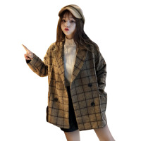 2018新款流行呢子大衣秋冬韩版中长款宽松复古格子西装毛呢外套女