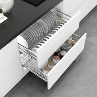 定制不锈厨房橱柜拉篮钢碗碟盘架古达拉蓝栏304调味双层抽屉开门式阻尼轨