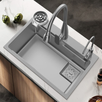 枪灰色SUS纳米厨房水槽飞雨瀑布大单槽手工洗菜盆洗碗池