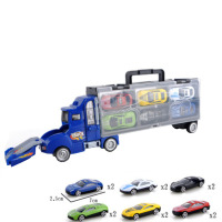【弹射货柜车手提收纳盒+6辆合金小汽车】儿童玩具弹射对战货柜车手提收纳盒带6辆合金小汽车模型蓝色