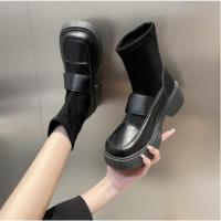 邦塞斯 马丁靴女高帮2022年新款女鞋厚底秋冬魔术贴靴子切尔西靴子