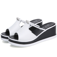 歌爱妮2019凉拖鞋女夏真皮水钻坡跟松糕凉鞋时尚百搭厚底一字拖女鞋