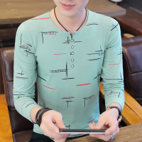 歌爱妮2019新款印花长袖男T恤秋季纯棉男士V领白色卫衣汗衫韩版潮流男生上衣