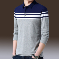 歌爱妮2019春季商务休闲男士长袖T恤翻领纯棉条纹polo衫体恤中年打底衫衣服