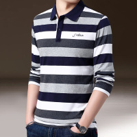歌爱妮2019春季新款纯棉男士长袖T恤条纹翻领有领男装polo衫中年体恤男