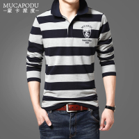 歌爱妮2019秋季新款男士长袖T恤商务POLO衫翻领青年休闲条纹体恤宽松加大码