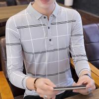 歌爱妮2019青年秋季时尚休闲格子POLO衫男士翻领长袖T恤个性上衣服汗衫潮牌t