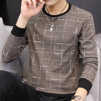 歌爱妮2019秋季新款男士长袖T恤圆领韩版修身时尚休闲格子打底汗衫卫衣