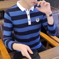 歌爱妮秋季2019新款男士翻领POLO衫韩版修身青年条纹撞色长袖T恤打底衫