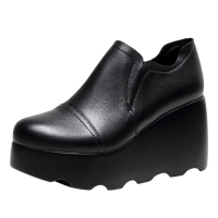 歌爱妮2021真皮手工女鞋厚底防水台坡跟单鞋百搭深口松糕鞋女士圆头休闲鞋