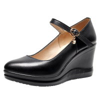 歌爱妮2021内外全皮尖头坡跟防滑单鞋一字带模特旗袍走秀高跟鞋牛皮散步皮鞋