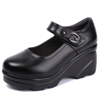 歌爱妮2021浅口一字扣高跟坡跟防水台女单鞋圆头魔术贴皮鞋松糕厚底妈妈鞋