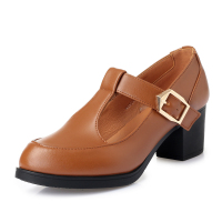 歌爱妮2021春秋新款女鞋真皮粗跟丁字扣单鞋小皮鞋防水台中跟时尚跳舞鞋