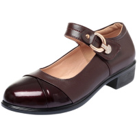 歌爱妮妈妈鞋春秋款单鞋2021新款中年软底舒适圆头一字扣女低跟浅口皮鞋