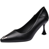 歌爱妮春秋真皮中跟单鞋女2021新款细跟工作百搭软皮小跟性感尖头小皮鞋