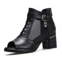 歌爱妮2021春夏新款真皮中年粗跟鱼嘴鞋女网纱透气镂空凉靴高跟凉鞋网靴