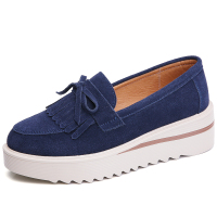 歌爱妮鞋子女2021新款春季百搭坡跟真皮单鞋休闲豆豆鞋中跟厚底松糕鞋女