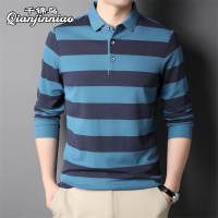 千锦鸟(Qianjinniao)2022新款男士长袖t恤条纹全棉翻领休闲百搭T恤polo衫中青年公务员上班体恤衫爸爸装