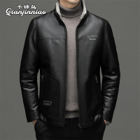 千锦鸟男士羽绒服短款立领冬季保暖皮衣夹克外套90白鸭绒棉衣2022冬季新款中青年公务上班PU皮袄羽绒棉袄父亲礼物爸爸装