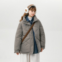 棉衣女小个子菱形格2023新款冬季韩版短款立领棉服加厚宽松外套潮