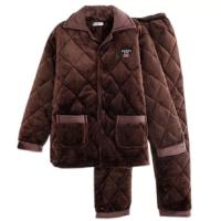 冬季三层夹棉睡衣男加绒加厚中长款法兰绒中老年宽松大码外穿睡衣臻依缘